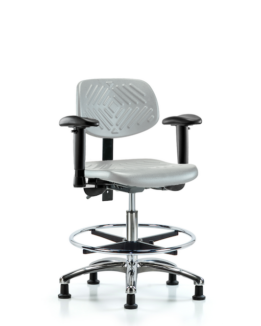 Blue Ridge Ergonomics PMBCH-CR-T0-A1-CF-RG-GRY Polyurethane Chair Chrome - Medium Bench Height with Adjustable Arms, Chrome Foot Ring, & Stationary Glides in Gray Polyurethane