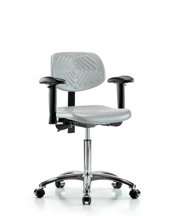 Blue Ridge Ergonomics PMBCH-CR-T0-A1-NF-CC-GRY Polyurethane Chair Chrome - Medium Bench Height with Adjustable Arms & Casters in Gray Polyurethane
