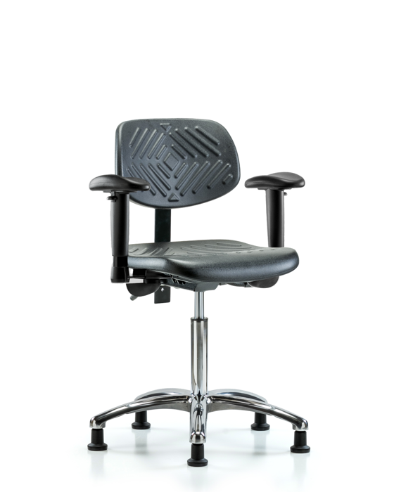 Blue Ridge Ergonomics PMBCH-CR-T0-A1-NF-RG-BLK Polyurethane Chair Chrome - Medium Bench Height with Adjustable Arms & Stationary Glides in Black Polyurethane