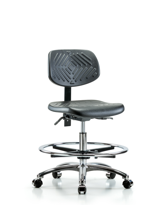 Blue Ridge Ergonomics PMBCH-CR-T1-A0-CF-CC-BLK Polyurethane Chair Chrome - Medium Bench Height with Seat Tilt, Chrome Foot Ring, & Casters in Black Polyurethane
