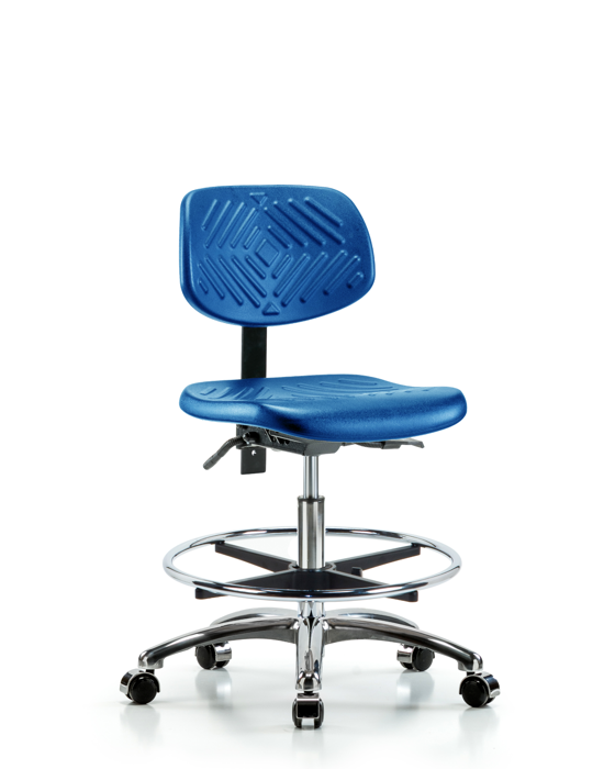 Blue Ridge Ergonomics PMBCH-CR-T1-A0-CF-CC-BLU Polyurethane Chair Chrome - Medium Bench Height with Seat Tilt, Chrome Foot Ring, & Casters in Blue Polyurethane