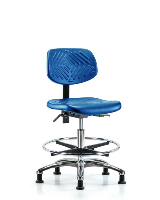 Blue Ridge Ergonomics PMBCH-CR-T1-A0-CF-RG-BLU Polyurethane Chair Chrome - Medium Bench Height with Seat Tilt, Chrome Foot Ring, & Stationary Glides in Blue Polyurethane