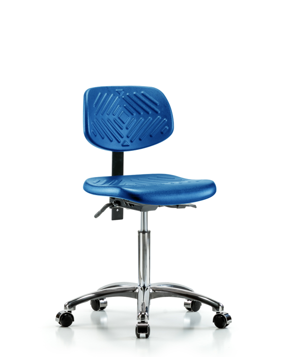 Blue Ridge Ergonomics PMBCH-CR-T1-A0-NF-CC-BLU Polyurethane Chair Chrome - Medium Bench Height with Seat Tilt & Casters in Blue Polyurethane