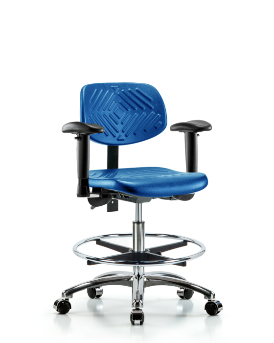 Blue Ridge Ergonomics PMBCH-CR-T1-A1-CF-CC-BLU Polyurethane Chair Chrome - Medium Bench Height with Seat Tilt, Adjustable Arms, Chrome Foot Ring, & Casters in Blue Polyurethane