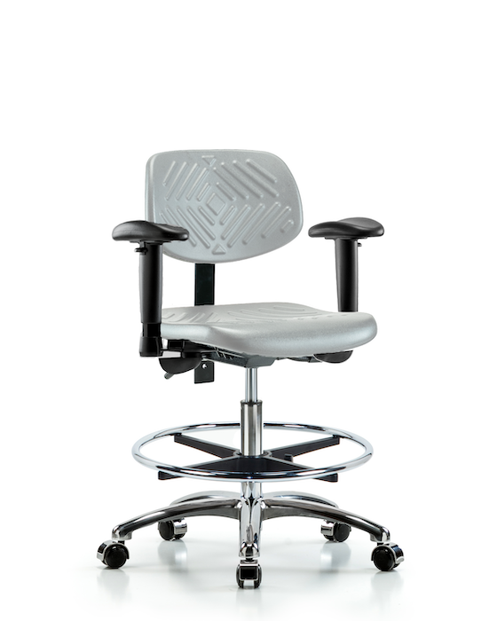 Blue Ridge Ergonomics PMBCH-CR-T1-A1-CF-CC-GRY Polyurethane Chair Chrome - Medium Bench Height with Seat Tilt, Adjustable Arms, Chrome Foot Ring, & Casters in Gray Polyurethane