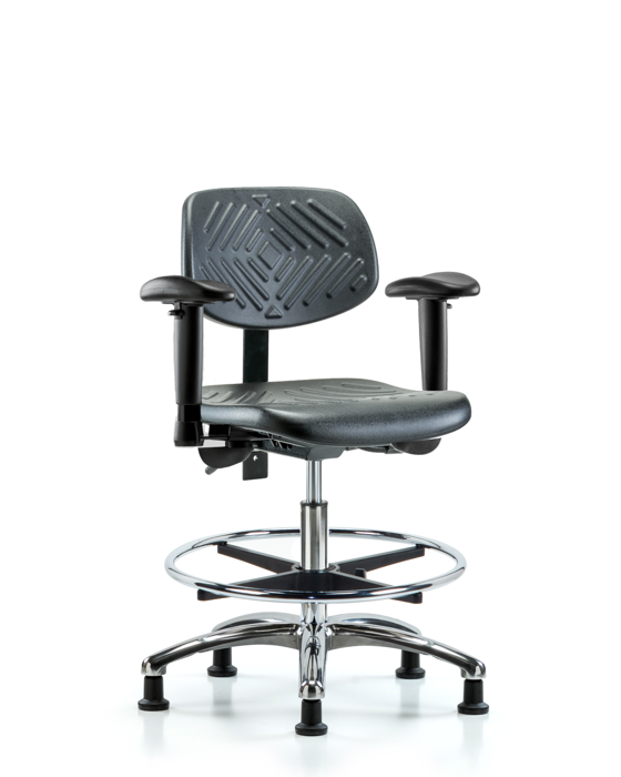 Blue Ridge Ergonomics PMBCH-CR-T1-A1-CF-RG-BLK Polyurethane Chair Chrome - Medium Bench Height with Seat Tilt, Adjustable Arms, Chrome Foot Ring, & Stationary Glides in Black Polyurethane