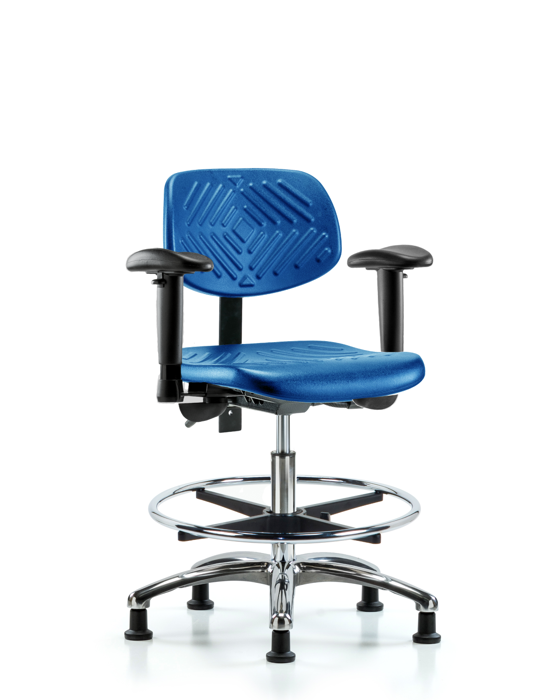 Blue Ridge Ergonomics PMBCH-CR-T1-A1-CF-RG-BLU Polyurethane Chair Chrome - Medium Bench Height with Seat Tilt, Adjustable Arms, Chrome Foot Ring, & Stationary Glides in Blue Polyurethane