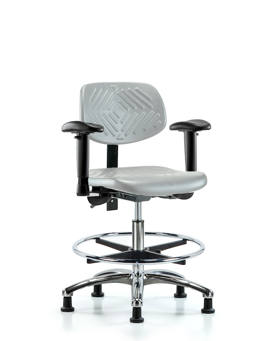 Blue Ridge Ergonomics PMBCH-CR-T1-A1-CF-RG-GRY Polyurethane Chair Chrome - Medium Bench Height with Seat Tilt, Adjustable Arms, Chrome Foot Ring, & Stationary Glides in Gray Polyurethane