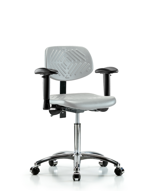 Blue Ridge Ergonomics PMBCH-CR-T1-A1-NF-CC-GRY Polyurethane Chair Chrome - Medium Bench Height with Seat Tilt, Adjustable Arms, & Casters in Gray Polyurethane