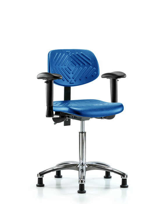 Blue Ridge Ergonomics PMBCH-CR-T1-A1-NF-RG-BLU Polyurethane Chair Chrome - Medium Bench Height with Seat Tilt, Adjustable Arms, & Stationary Glides in Blue Polyurethane