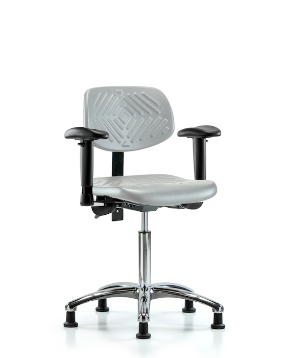 Blue Ridge Ergonomics PMBCH-CR-T1-A1-NF-RG-GRY Polyurethane Chair Chrome - Medium Bench Height with Seat Tilt, Adjustable Arms, & Stationary Glides in Gray Polyurethane