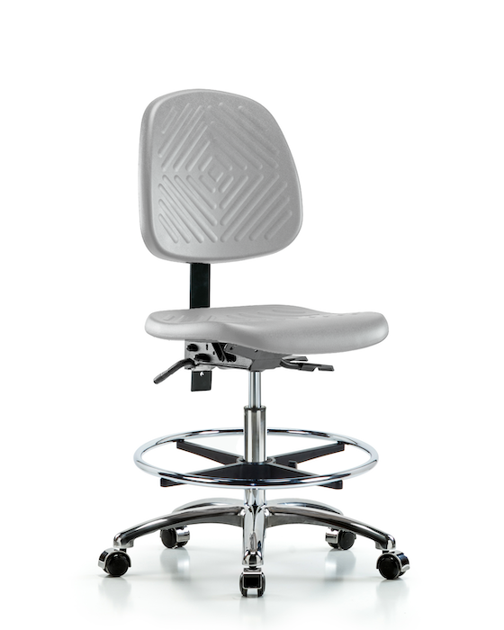 Blue Ridge Ergonomics PMBCH-MB-CR-T0-A0-CF-CC-GRY Polyurethane Chair Chrome - Medium Bench Height with Medium Back, Chrome Foot Ring, & Casters in Gray Polyurethane
