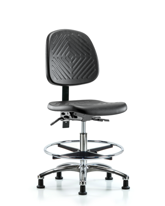 Blue Ridge Ergonomics PMBCH-MB-CR-T0-A0-CF-RG-BLK Polyurethane Chair Chrome - Medium Bench Height with Medium Back, Chrome Foot Ring, & Stationary Glides in Black Polyurethane