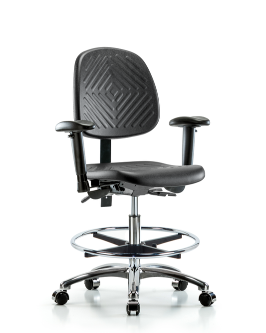 Blue Ridge Ergonomics PMBCH-MB-CR-T0-A1-CF-CC-BLK Polyurethane Chair Chrome - Medium Bench Height with Medium Back, Adjustable Arms, Chrome Foot Ring, & Casters in Black Polyurethane