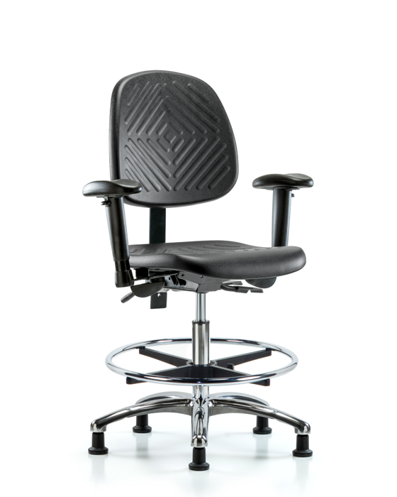 Blue Ridge Ergonomics PMBCH-MB-CR-T0-A1-CF-RG-BLK Polyurethane Chair Chrome - Medium Bench Height with Medium Back, Adjustable Arms, Chrome Foot Ring, & Stationary Glides in Black Polyurethane
