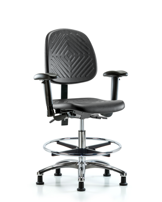 Blue Ridge Ergonomics PMBCH-MB-CR-T0-A1-CF-RG-BLK Polyurethane Chair Chrome - Medium Bench Height with Medium Back, Adjustable Arms, Chrome Foot Ring, & Stationary Glides in Black Polyurethane