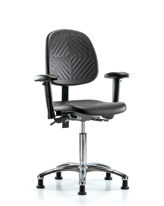 Blue Ridge Ergonomics PMBCH-MB-CR-T0-A1-NF-RG-BLK Polyurethane Chair Chrome - Medium Bench Height with Medium Back, Adjustable Arms, & Stationary Glides in Black Polyurethane