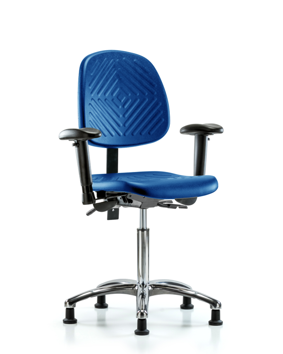 Blue Ridge Ergonomics PMBCH-MB-CR-T0-A1-NF-RG-BLU Polyurethane Chair Chrome - Medium Bench Height with Medium Back, Adjustable Arms, & Stationary Glides in Blue Polyurethane