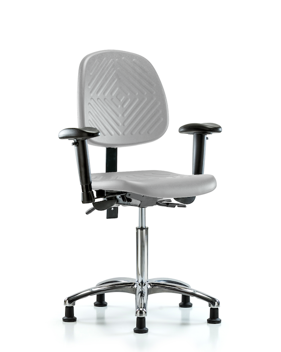 Blue Ridge Ergonomics PMBCH-MB-CR-T0-A1-NF-RG-GRY Polyurethane Chair Chrome - Medium Bench Height with Medium Back, Adjustable Arms, & Stationary Glides in Gray Polyurethane