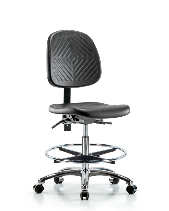 Blue Ridge Ergonomics PMBCH-MB-CR-T1-A0-CF-CC-BLK Polyurethane Chair Chrome - Medium Bench Height with Medium Back, Seat Tilt, Chrome Foot Ring, & Casters in Black Polyurethane