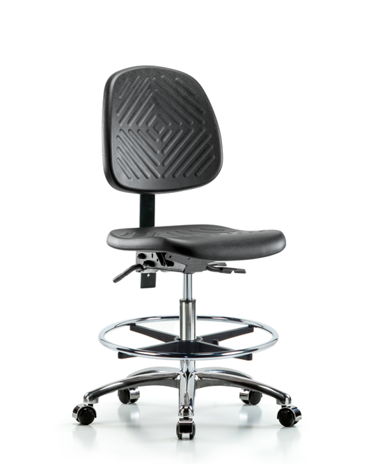 Blue Ridge Ergonomics PMBCH-MB-CR-T1-A0-CF-CC-BLK Polyurethane Chair Chrome - Medium Bench Height with Medium Back, Seat Tilt, Chrome Foot Ring, & Casters in Black Polyurethane