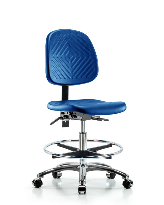 Blue Ridge Ergonomics PMBCH-MB-CR-T1-A0-CF-CC-BLU Polyurethane Chair Chrome - Medium Bench Height with Medium Back, Seat Tilt, Chrome Foot Ring, & Casters in Blue Polyurethane