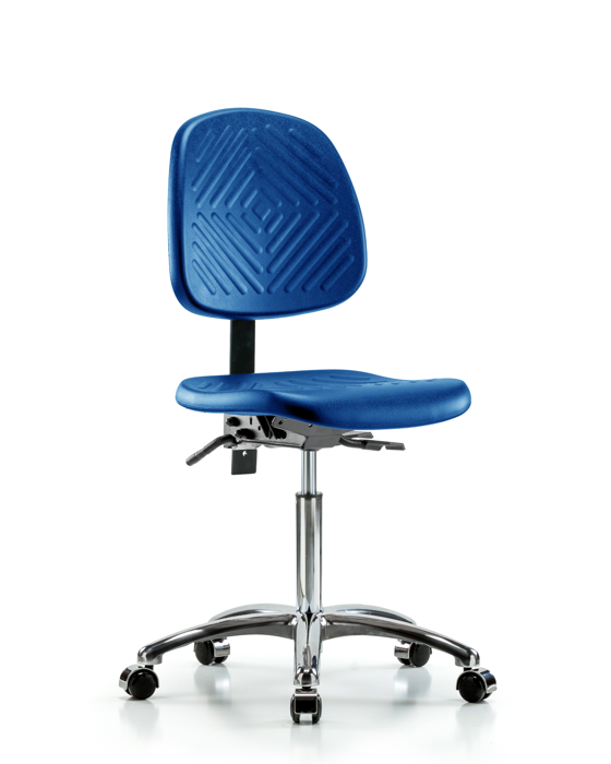 Blue Ridge Ergonomics PMBCH-MB-CR-T1-A0-NF-CC-BLU Polyurethane Chair Chrome - Medium Bench Height with Medium Back, Seat Tilt, & Casters in Blue Polyurethane