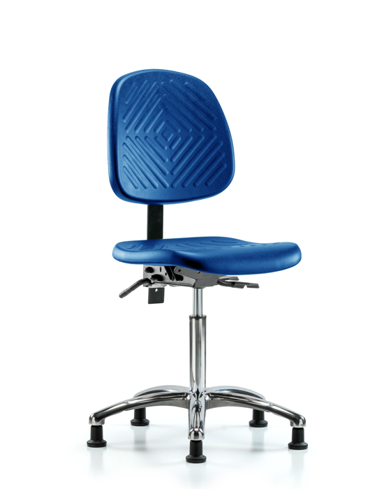 Blue Ridge Ergonomics PMBCH-MB-CR-T1-A0-NF-RG-BLU Polyurethane Chair Chrome - Medium Bench Height with Medium Back, Seat Tilt, & Stationary Glides in Blue Polyurethane