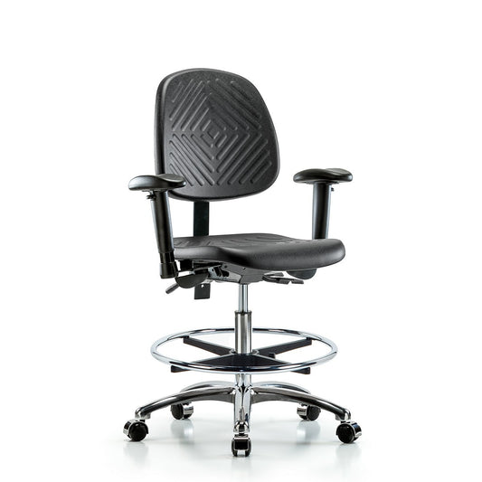 Blue Ridge Ergonomics PMBCH-MB-CR-T1-A1-CF-CC-BLK Polyurethane Chair Chrome - Medium Bench Height with Medium Back, Seat Tilt, Adjustable Arms, Chrome Foot Ring, & Casters in Black Polyurethane