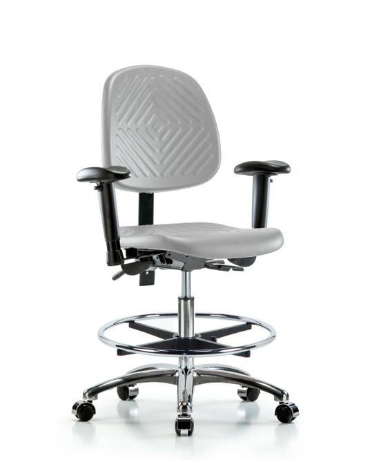 Blue Ridge Ergonomics PMBCH-MB-CR-T1-A1-CF-CC-GRY Polyurethane Chair Chrome - Medium Bench Height with Medium Back, Seat Tilt, Adjustable Arms, Chrome Foot Ring, & Casters in Gray Polyurethane