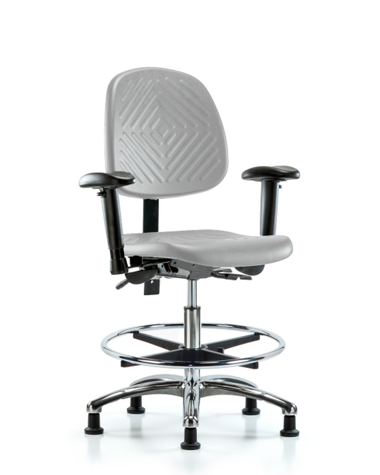 Blue Ridge Ergonomics PMBCH-MB-CR-T1-A1-CF-RG-GRY Polyurethane Chair Chrome - Medium Bench Height with Medium Back, Seat Tilt, Adjustable Arms, Chrome Foot Ring, & Stationary Glides in Gray Polyurethane