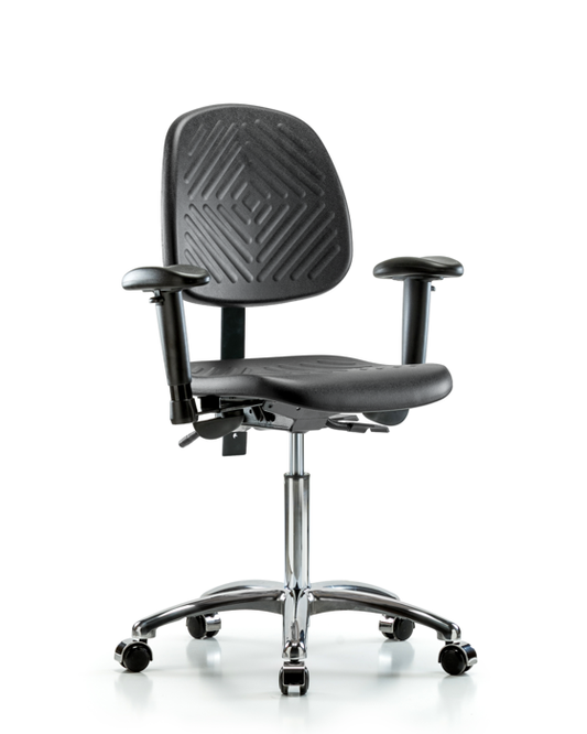 Blue Ridge Ergonomics PMBCH-MB-CR-T1-A1-NF-CC-BLK Polyurethane Chair Chrome - Medium Bench Height with Medium Back, Seat Tilt, Adjustable Arms, & Casters in Black Polyurethane