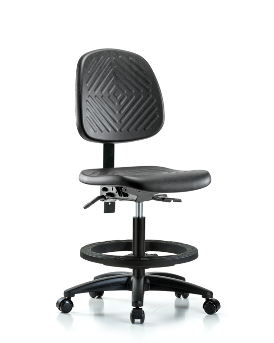 Blue Ridge Ergonomics PMBCH-MB-RG-T0-A0-BF-RC-BLK Polyurethane Chair - Medium Bench Height with Medium Back, Black Foot Ring, & Casters in Black Polyurethane