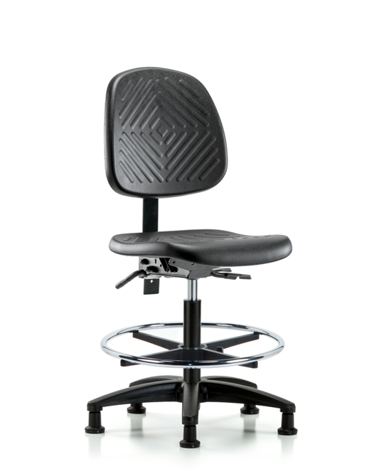 Blue Ridge Ergonomics PMBCH-MB-RG-T0-A0-CF-RG-BLK Polyurethane Chair - Medium Bench Height with Medium Back, Chrome Foot Ring, & Stationary Glides in Black Polyurethane