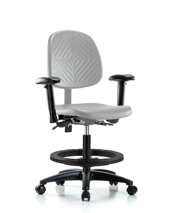 Blue Ridge Ergonomics PMBCH-MB-RG-T0-A1-BF-RC-GRY Polyurethane Chair - Medium Bench Height with Medium Back, Adjustable Arms, Black Foot Ring, & Casters in Gray Polyurethane