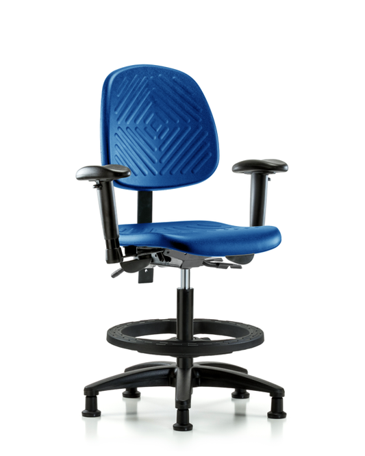 Blue Ridge Ergonomics PMBCH-MB-RG-T0-A1-BF-RG-BLU Polyurethane Chair - Medium Bench Height with Medium Back, Adjustable Arms, Black Foot Ring, & Stationary Glides in Blue Polyurethane