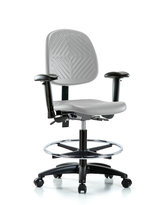Blue Ridge Ergonomics PMBCH-MB-RG-T0-A1-CF-RC-GRY Polyurethane Chair - Medium Bench Height with Medium Back, Adjustable Arms, Chrome Foot Ring, & Casters in Gray Polyurethane