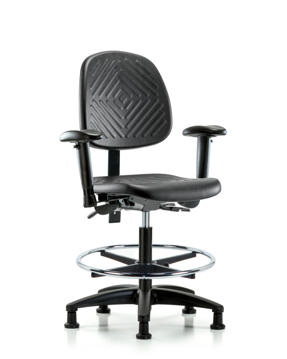 Blue Ridge Ergonomics PMBCH-MB-RG-T0-A1-CF-RG-BLK Polyurethane Chair - Medium Bench Height with Medium Back, Adjustable Arms, Chrome Foot Ring, & Stationary Glides in Black Polyurethane