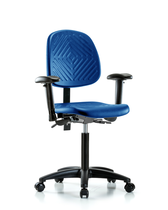 Blue Ridge Ergonomics PMBCH-MB-RG-T0-A1-NF-RC-BLU Polyurethane Chair - Medium Bench Height with Medium Back, Adjustable Arms, & Casters in Blue Polyurethane