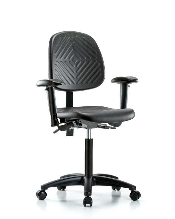 Blue Ridge Ergonomics PMBCH-MB-RG-T0-A1-NF-RG-BLK Polyurethane Chair - Medium Bench Height with Medium Back, Adjustable Arms, & Stationary Glides in Black Polyurethane
