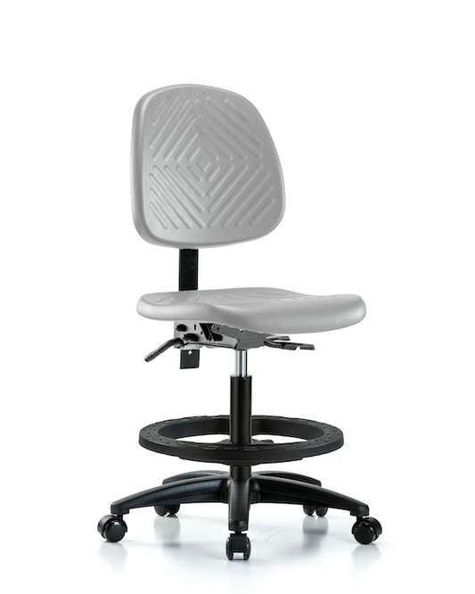 Blue Ridge Ergonomics PMBCH-MB-RG-T1-A0-BF-RC-GRY Polyurethane Chair - Medium Bench Height with Medium Back, Seat Tilt, Black Foot Ring, & Casters in Gray Polyurethane