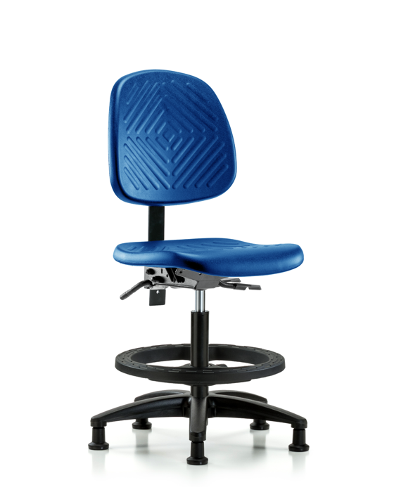 Blue Ridge Ergonomics PMBCH-MB-RG-T1-A0-BF-RG-BLU Polyurethane Chair - Medium Bench Height with Medium Back, Seat Tilt, Black Foot Ring, & Stationary Glides in Blue Polyurethane