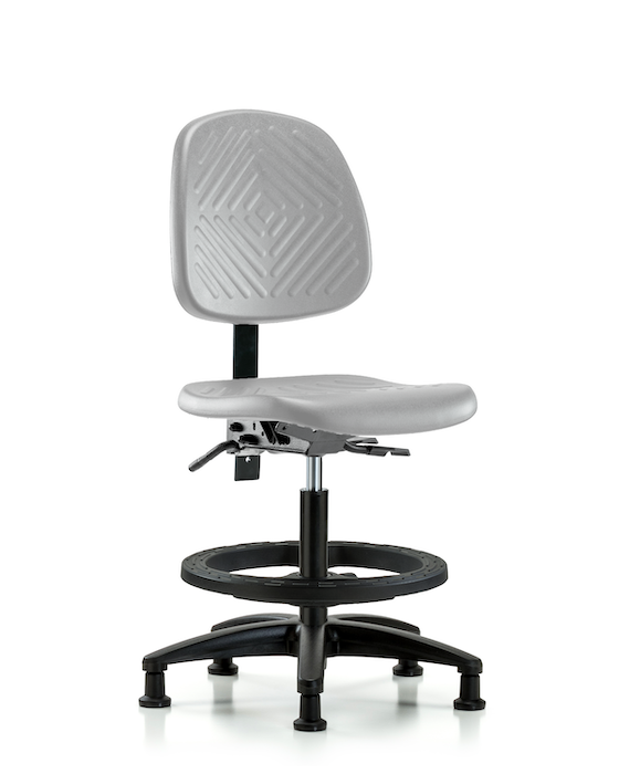 Blue Ridge Ergonomics PMBCH-MB-RG-T1-A0-BF-RG-GRY Polyurethane Chair - Medium Bench Height with Medium Back, Seat Tilt, Black Foot Ring, & Stationary Glides in Gray Polyurethane