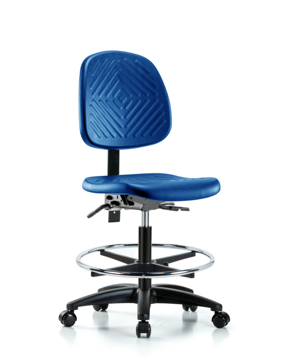 Blue Ridge Ergonomics PMBCH-MB-RG-T1-A0-CF-RC-BLU Polyurethane Chair - Medium Bench Height with Medium Back, Seat Tilt, Chrome Foot Ring, & Casters in Blue Polyurethane