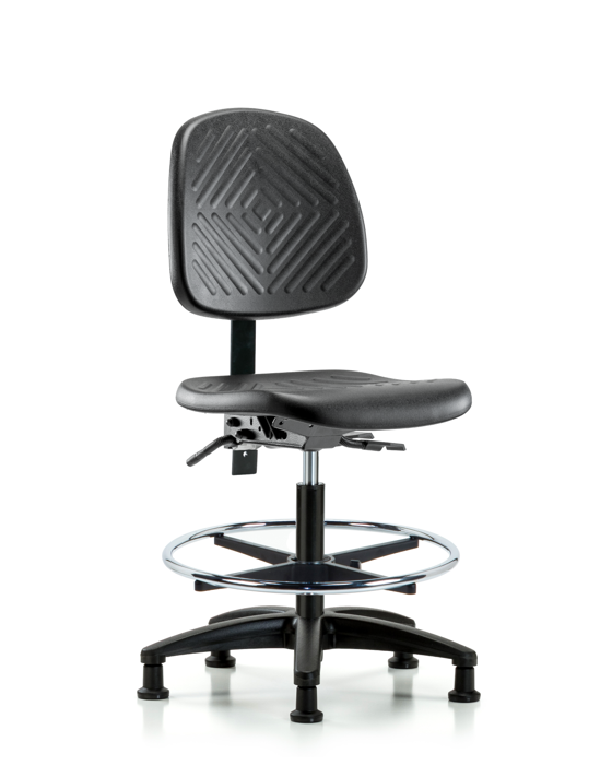 Blue Ridge Ergonomics PMBCH-MB-RG-T1-A0-CF-RG-BLK Polyurethane Chair - Medium Bench Height with Medium Back, Seat Tilt, Chrome Foot Ring, & Stationary Glides in Black Polyurethane