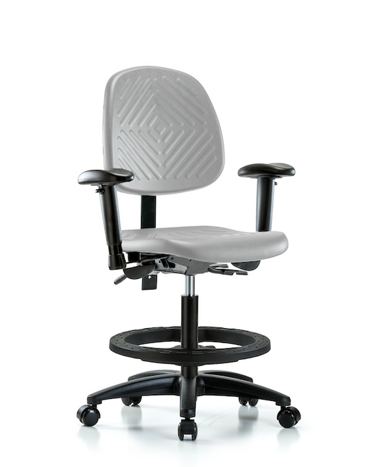 Blue Ridge Ergonomics PMBCH-MB-RG-T1-A1-BF-RC-GRY Polyurethane Chair - Medium Bench Height with Medium Back, Seat Tilt, Adjustable Arms, Black Foot Ring, & Casters in Gray Polyurethane