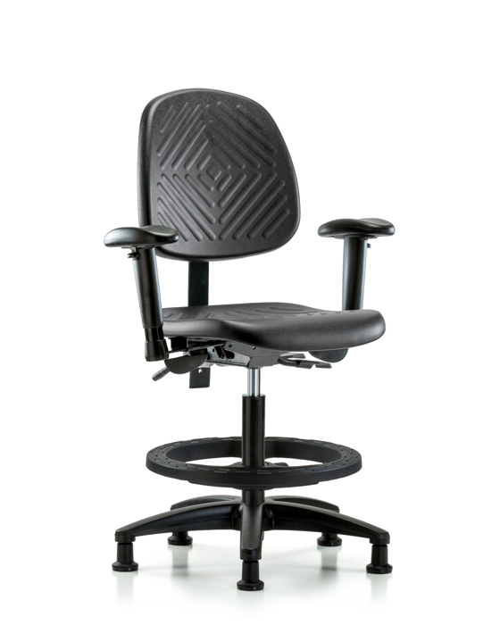 Blue Ridge Ergonomics PMBCH-MB-RG-T1-A1-BF-RG-BLK Polyurethane Chair - Medium Bench Height with Medium Back, Seat Tilt, Adjustable Arms, Black Foot Ring, & Stationary Glides in Black Polyurethane
