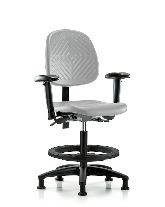 Blue Ridge Ergonomics PMBCH-MB-RG-T1-A1-BF-RG-GRY Polyurethane Chair - Medium Bench Height with Medium Back, Seat Tilt, Adjustable Arms, Black Foot Ring, & Stationary Glides in Gray Polyurethane