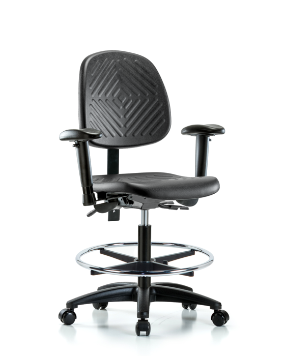 Blue Ridge Ergonomics PMBCH-MB-RG-T1-A1-CF-RC-BLK Polyurethane Chair - Medium Bench Height with Medium Back, Seat Tilt, Adjustable Arms, Chrome Foot Ring, & Casters in Black Polyurethane