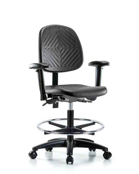 Blue Ridge Ergonomics PMBCH-MB-RG-T1-A1-CF-RC-BLK Polyurethane Chair - Medium Bench Height with Medium Back, Seat Tilt, Adjustable Arms, Chrome Foot Ring, & Casters in Black Polyurethane